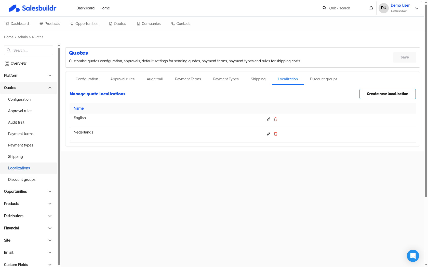 Admin Quotes Localization tab showing English and Nederlands entries