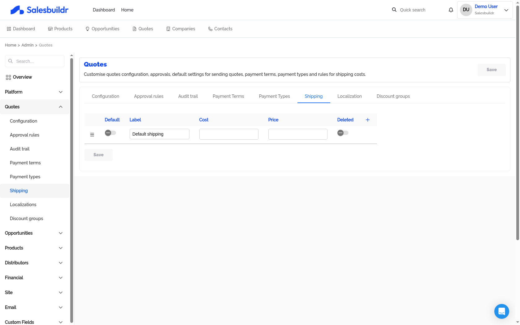 Admin Quotes Shipping tab showing shipping methods with cost and price columns