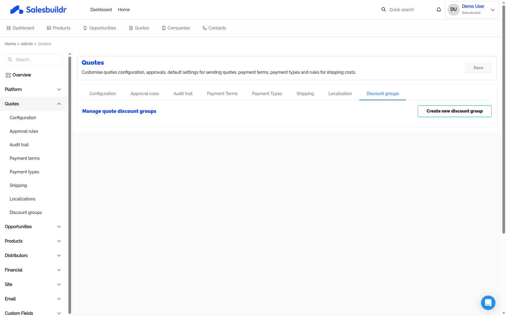 Admin Quotes Discount groups tab with Create new discount group button