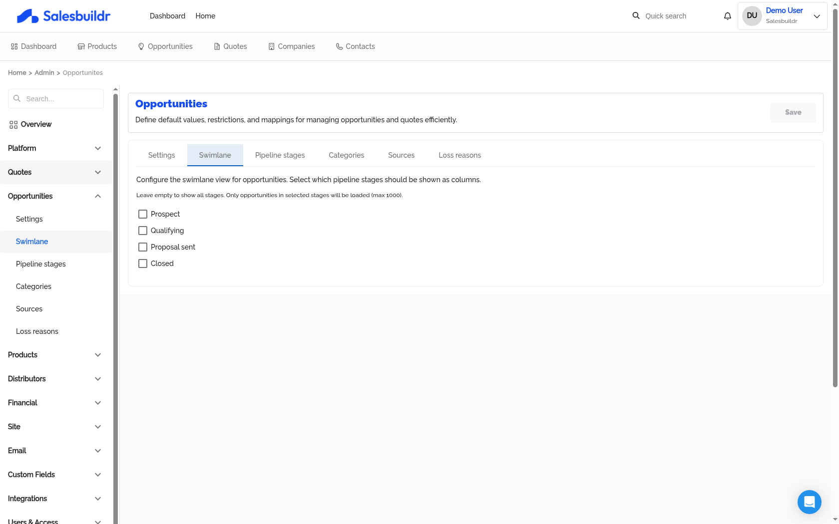 Admin Opportunities Swimlane tab showing pipeline stage selection for Kanban view