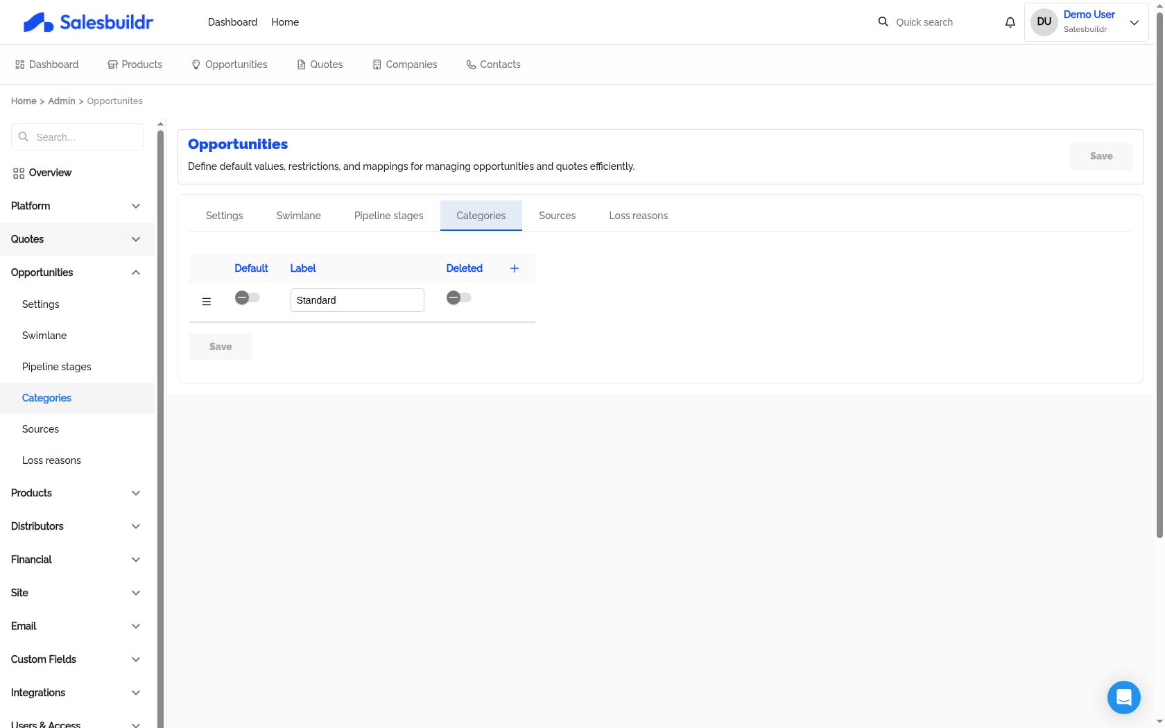 Admin Opportunities Categories tab showing opportunity categories list