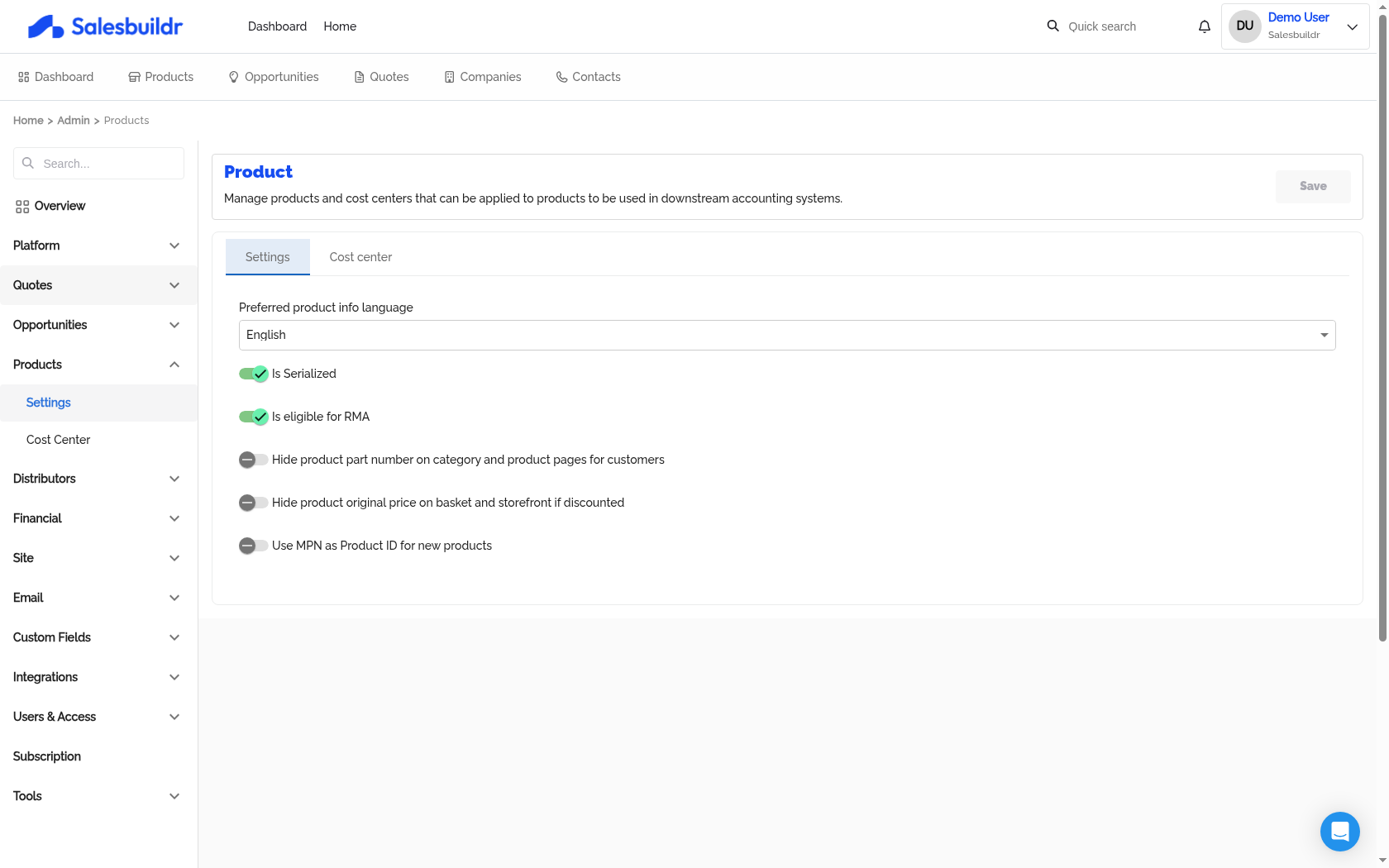 Admin Products Settings tab showing language preference, serialization, RMA, and display toggles