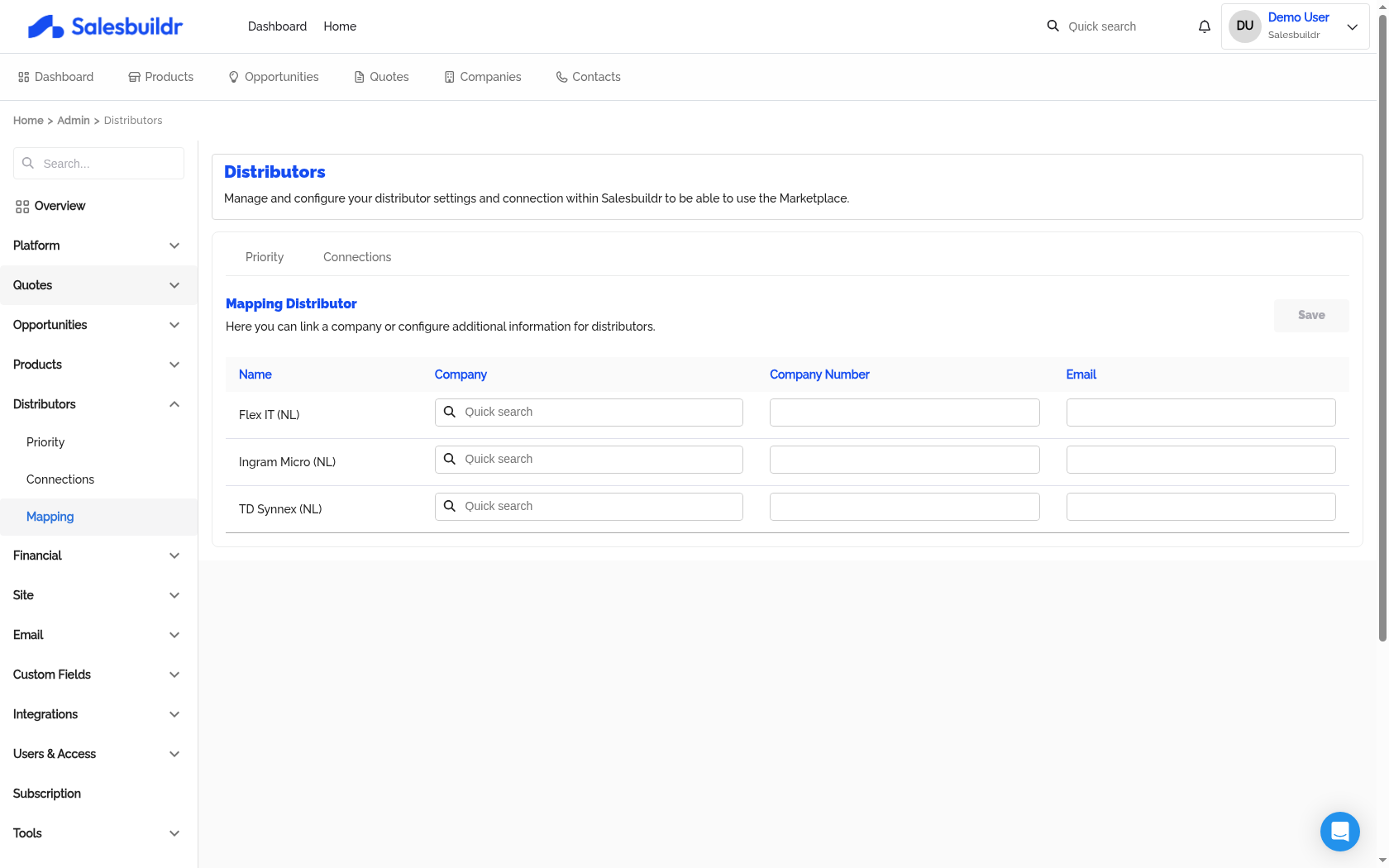 Admin Distributors Mapping page showing distributor-to-company mapping table with Name, Company, Company Number, Email columns