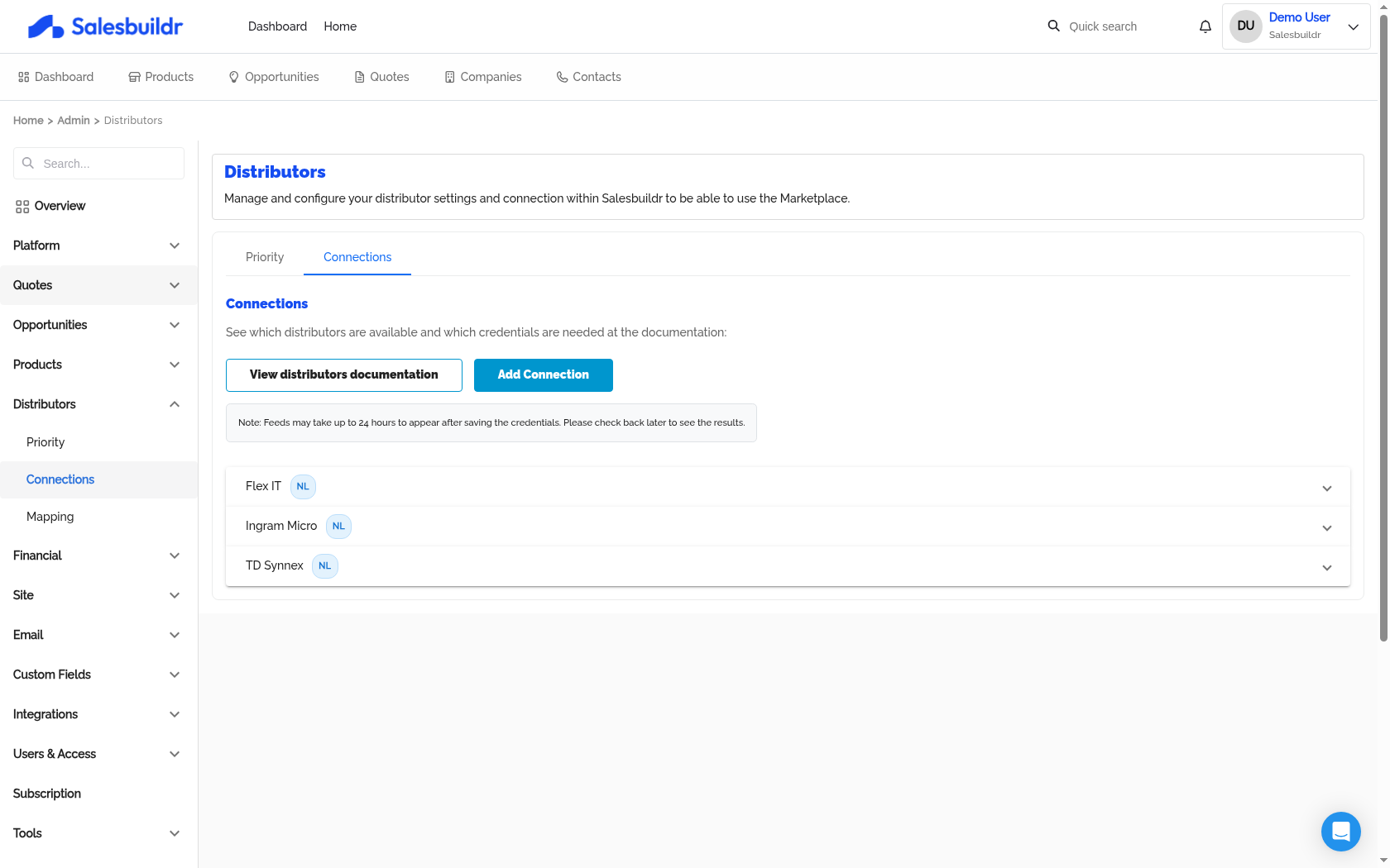 Admin Distributors Connections tab showing Flex IT, Ingram Micro, TD Synnex with NL region badges