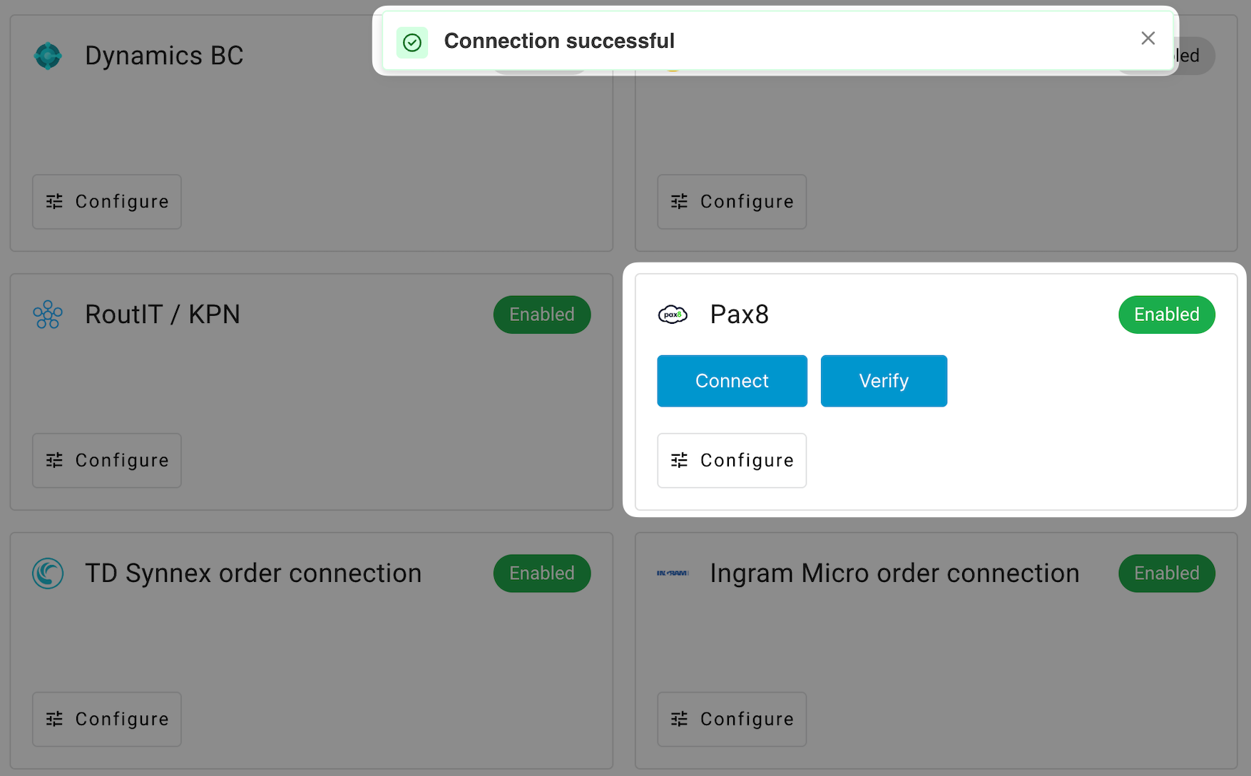 Integration manager showing Pax8 with Connect and Verify buttons