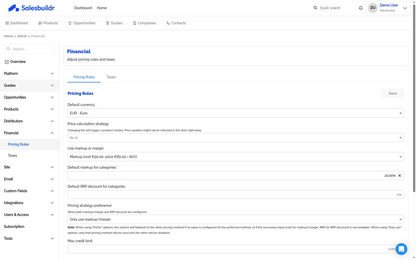 Admin Financial Pricing Rules tab showing currency, price calculation strategy, markup/margin settings