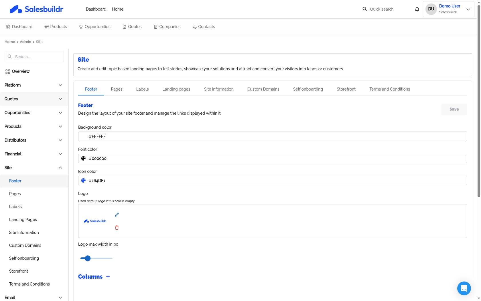 Footer configuration with background color, font color, icon color, logo, and multi-column link layout