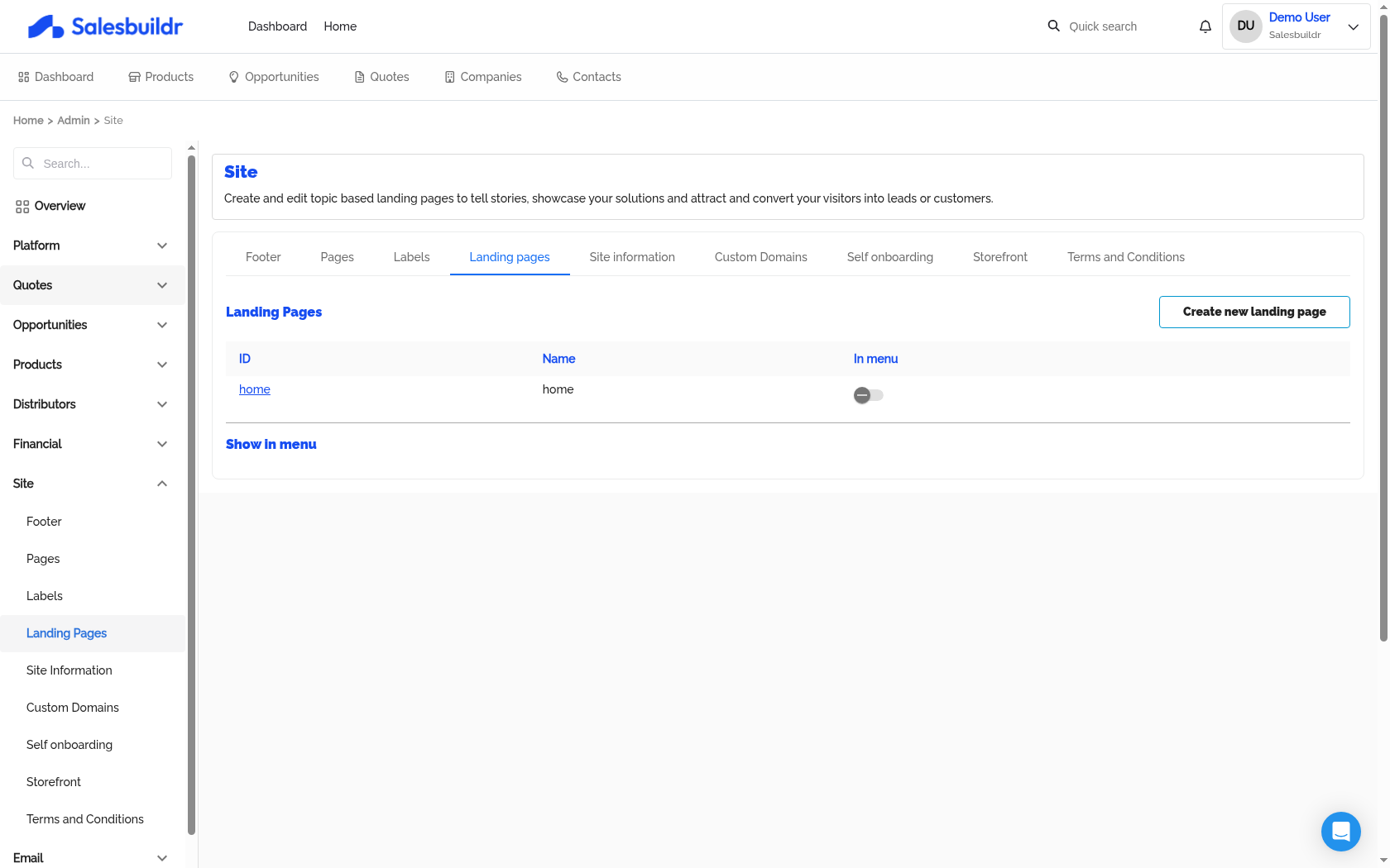 Admin Landing Pages tab showing home page entry with Create new button