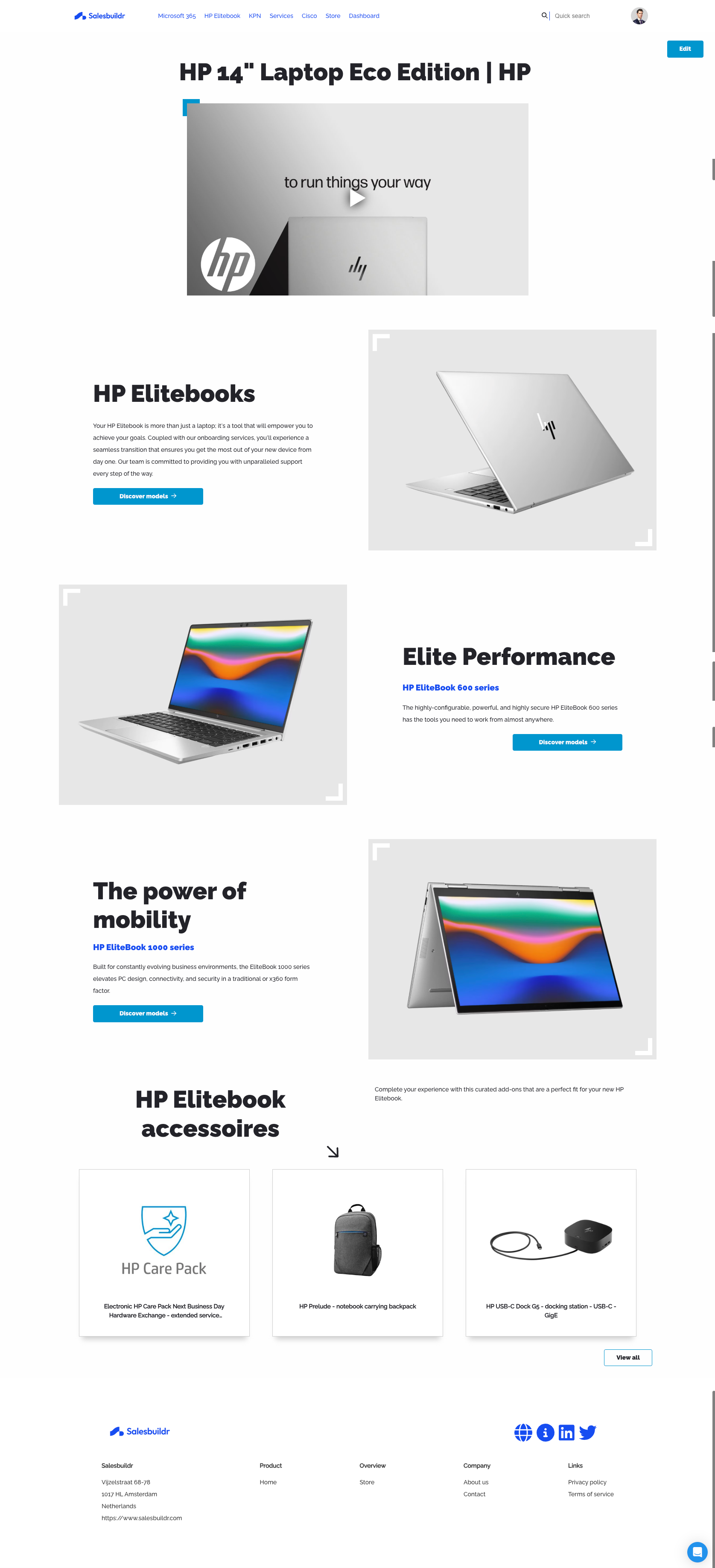 Customer-facing landing page showing product catalog with HP Elitebooks, accessory cards, and company footer