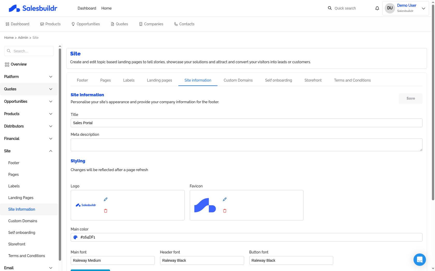 Site Information settings with title, meta description, logo, favicon, main color, and font selection