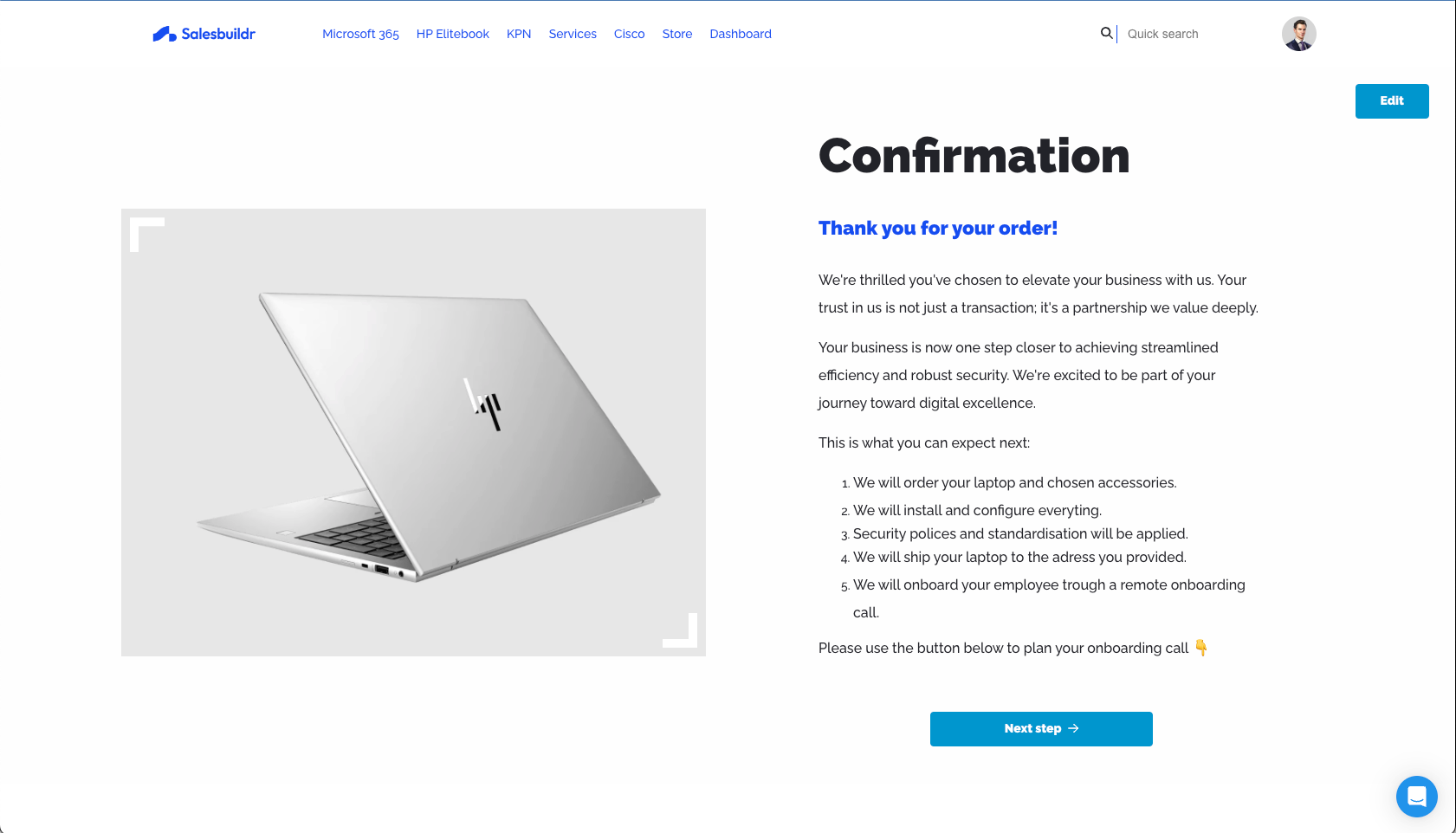 Thank you page showing order confirmation with product image, next steps, and call-to-action button
