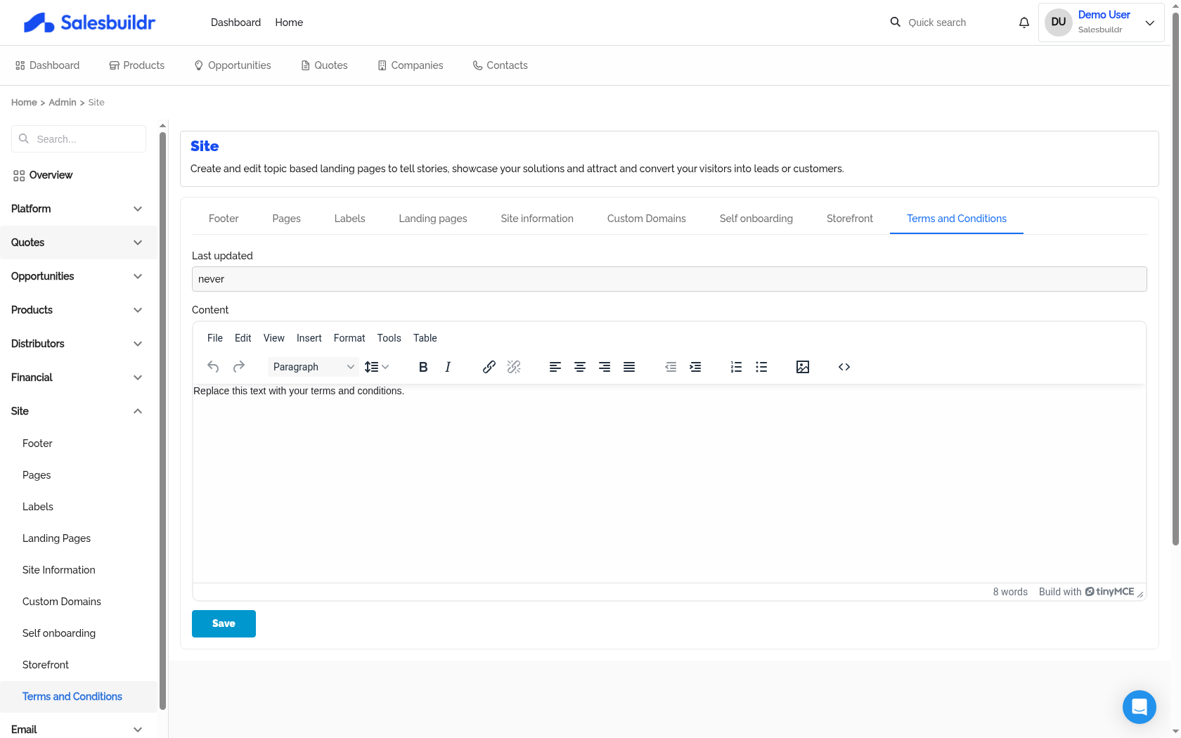 Terms and Conditions rich text editor with formatted legal content