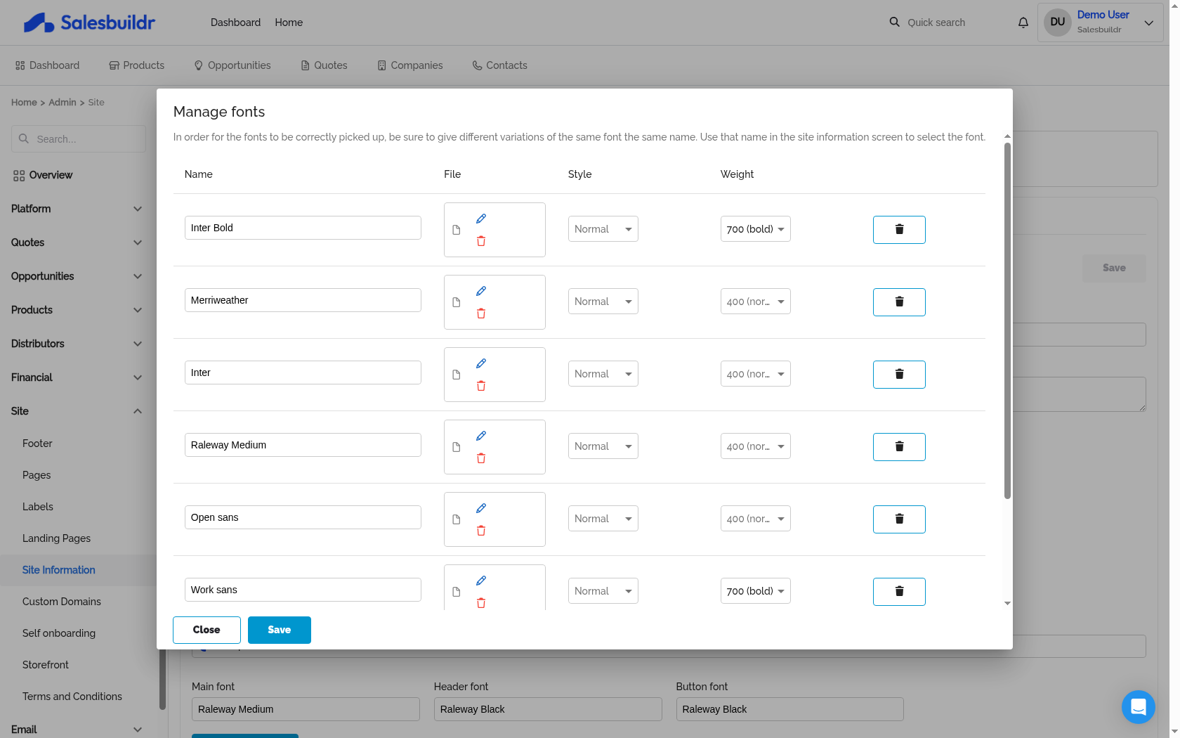 Manage fonts dialog showing uploaded custom fonts with name, file, style, and weight columns