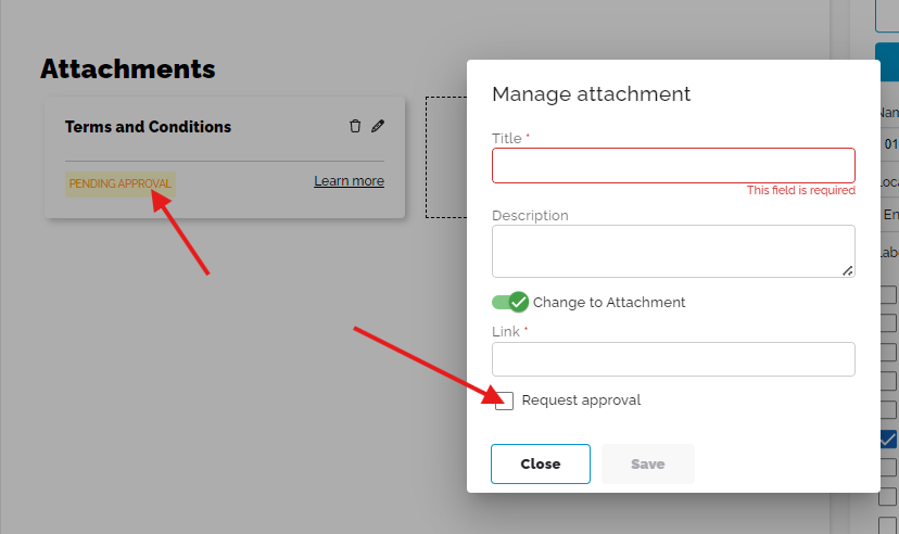 Manage attachment dialog with title, description, attachment toggle, and approval request option