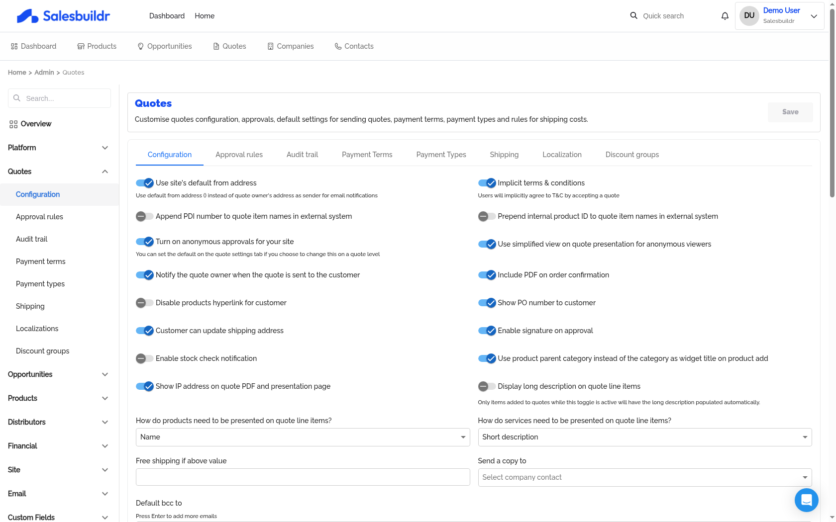 Quotes Configuration page showing Implicit terms and conditions toggle and other quote settings