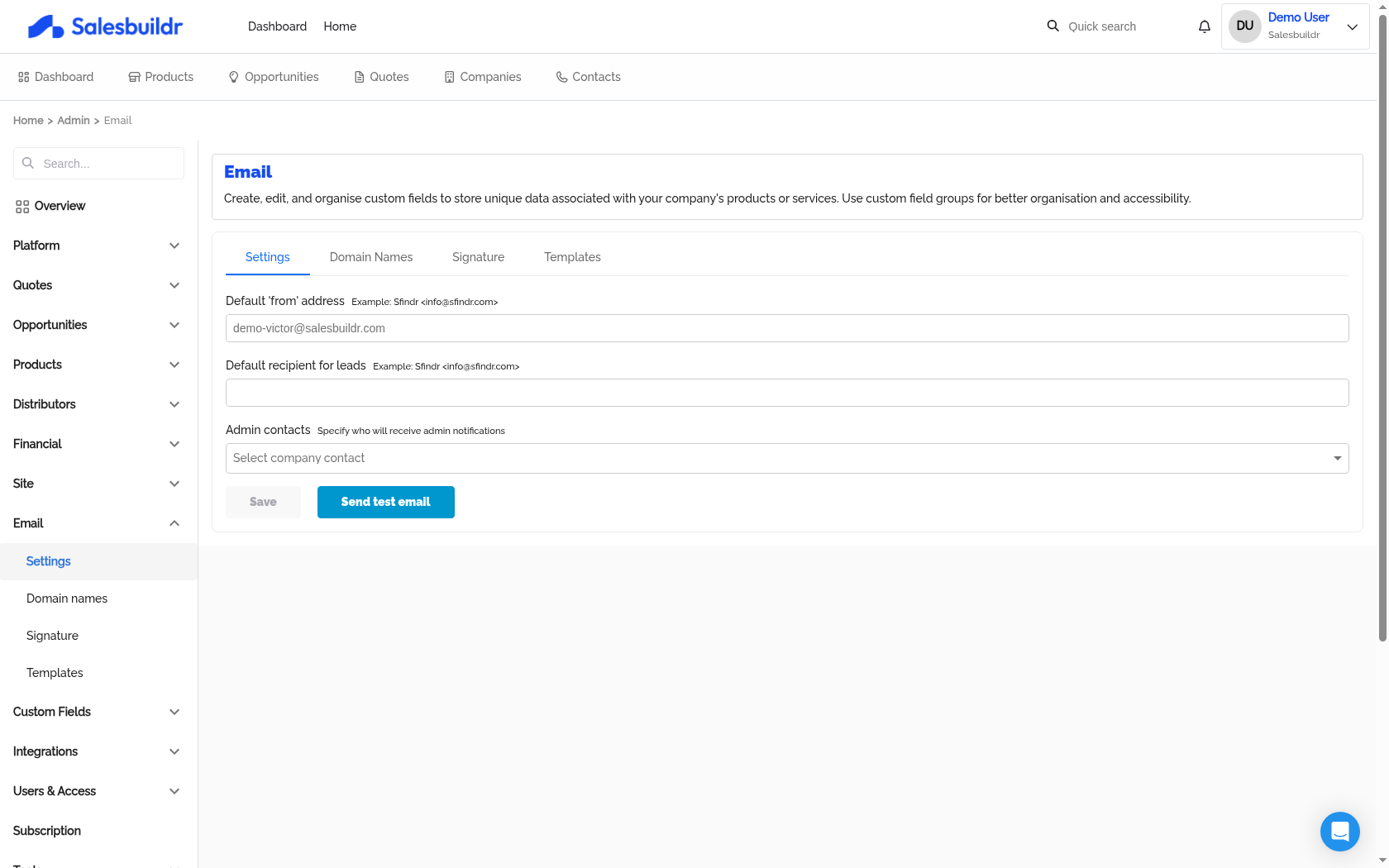 Email Settings tab showing default from address, default recipient for leads, admin contacts, and Send test email button