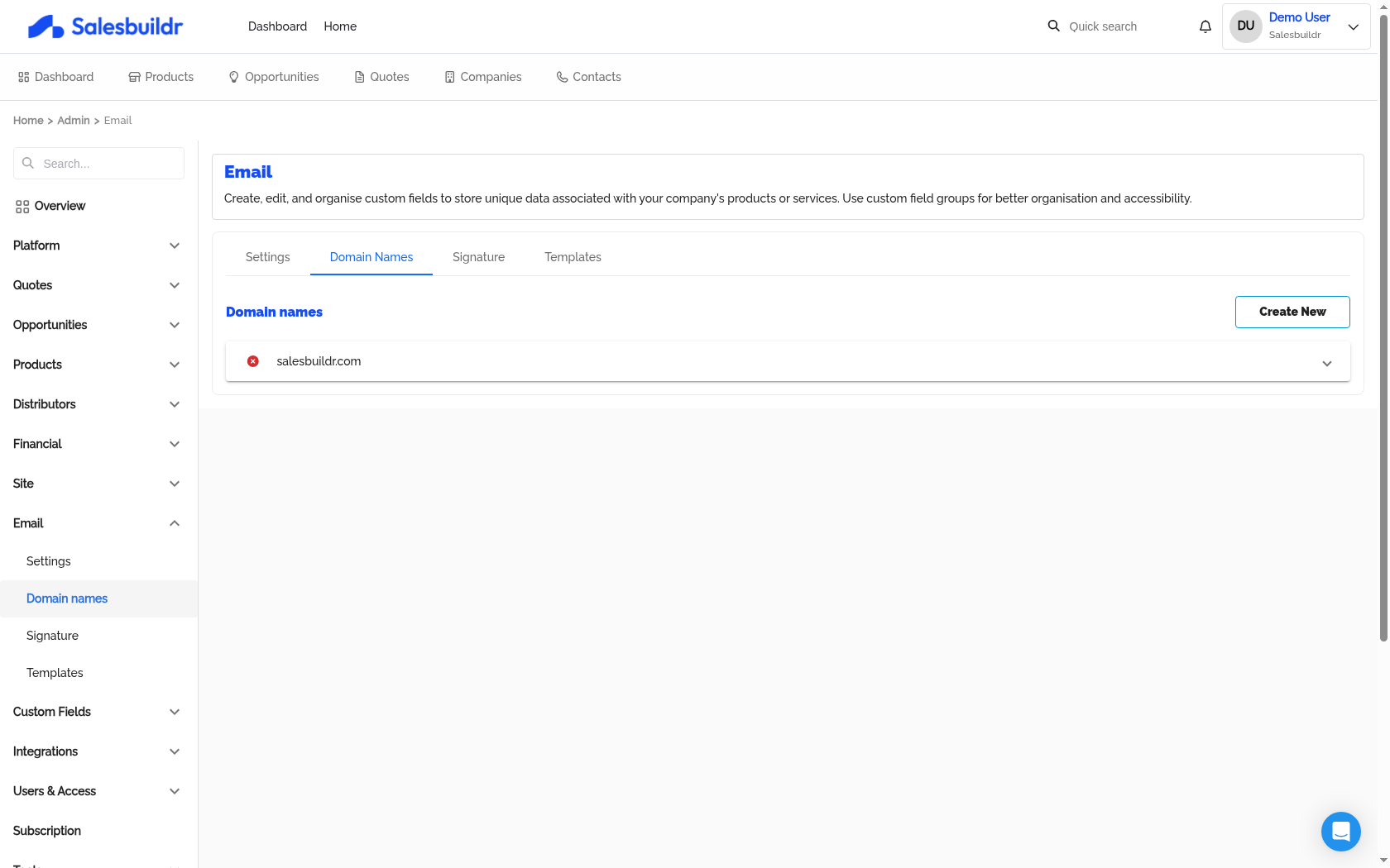 Domain Names tab showing verified domain salesbuildr.com with Create New button