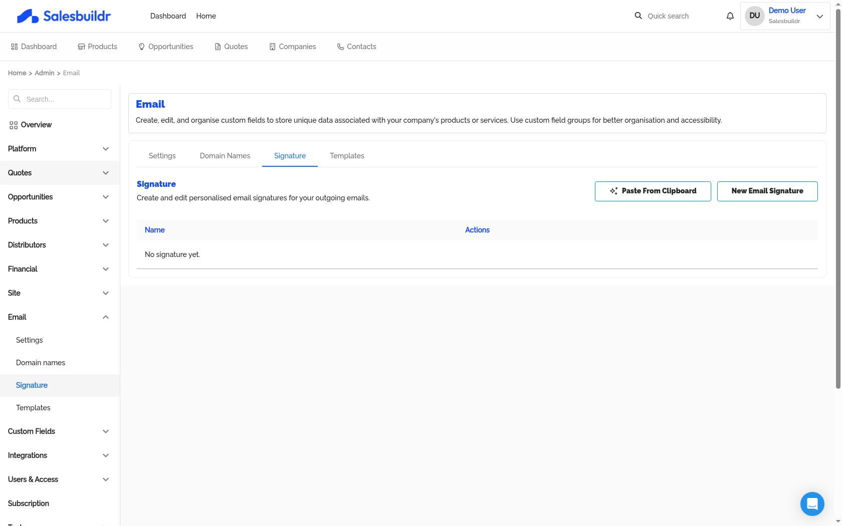 Email signatures management page with Name and Actions columns