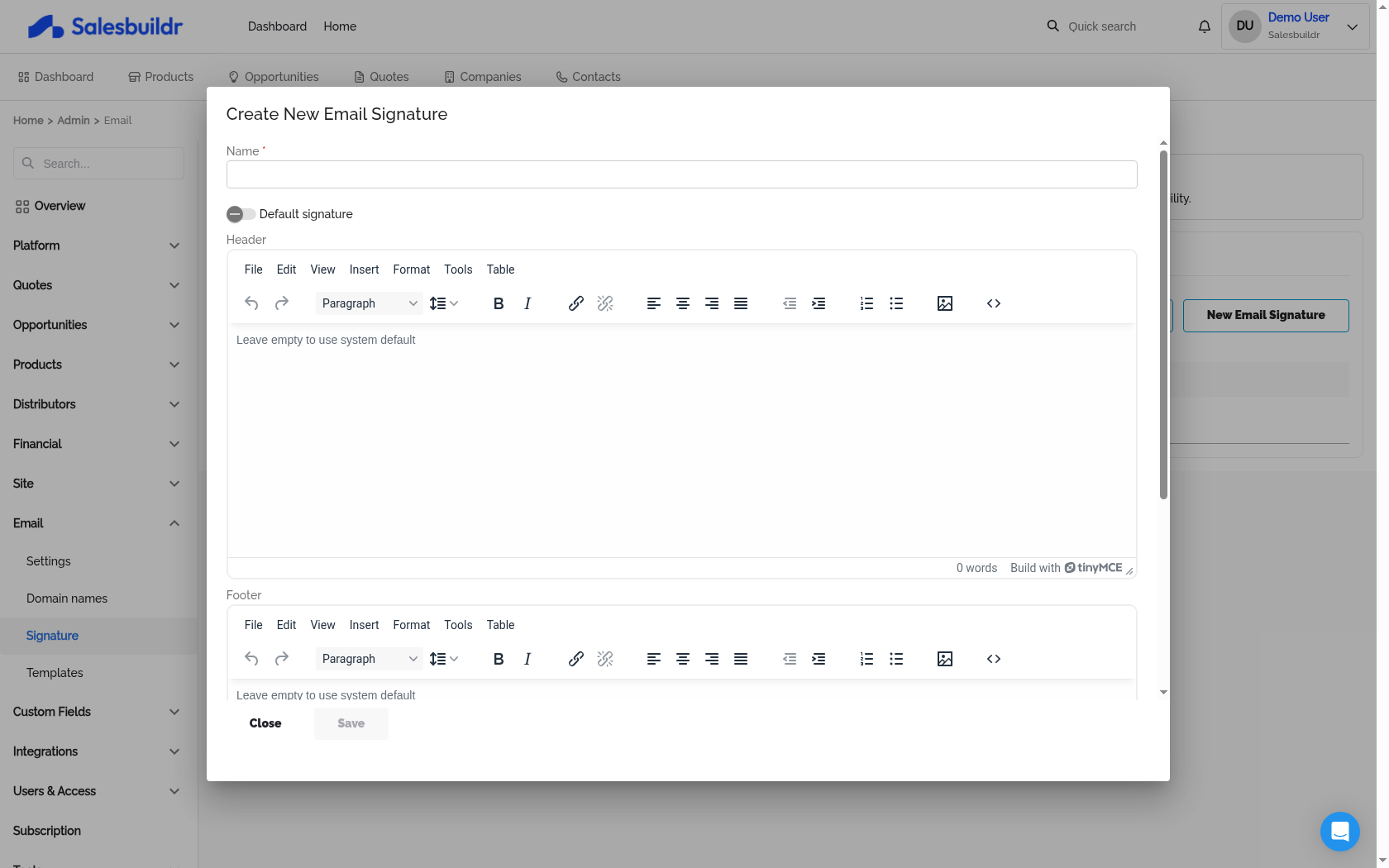 Create New Email Signature dialog with name, default toggle, header and footer rich text editors