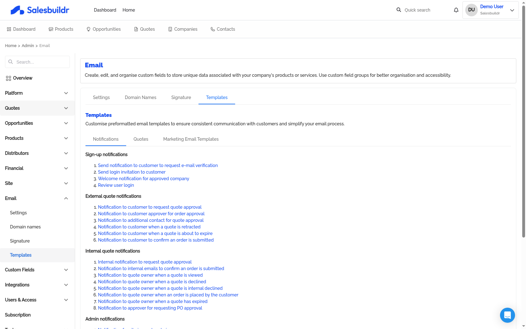 Email notification templates list showing sign-up, external quote, internal quote, and admin notification categories
