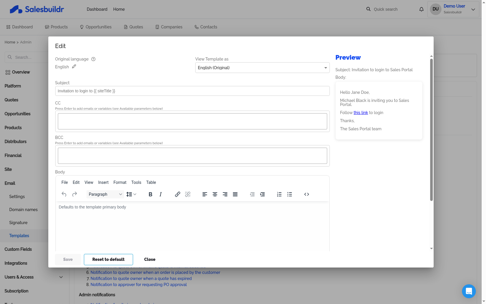 Email template editor with subject, CC/BCC fields, rich text body editor, and live preview panel