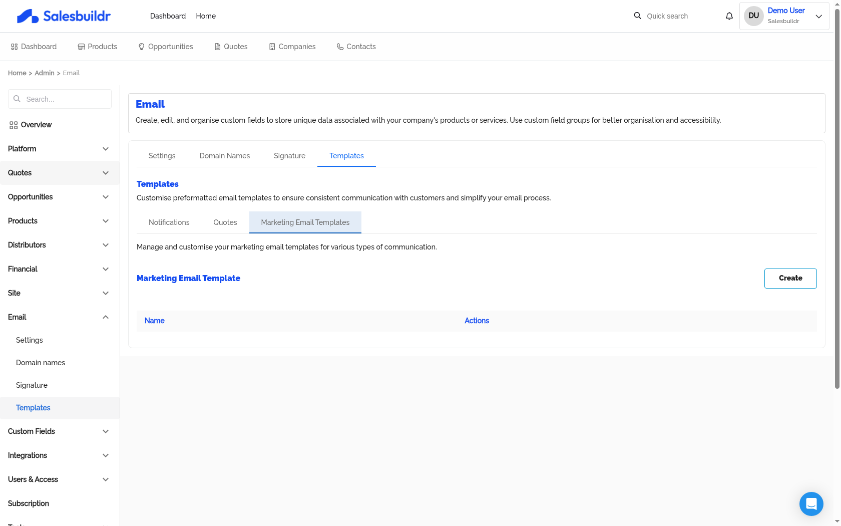 Marketing email templates list with Create button