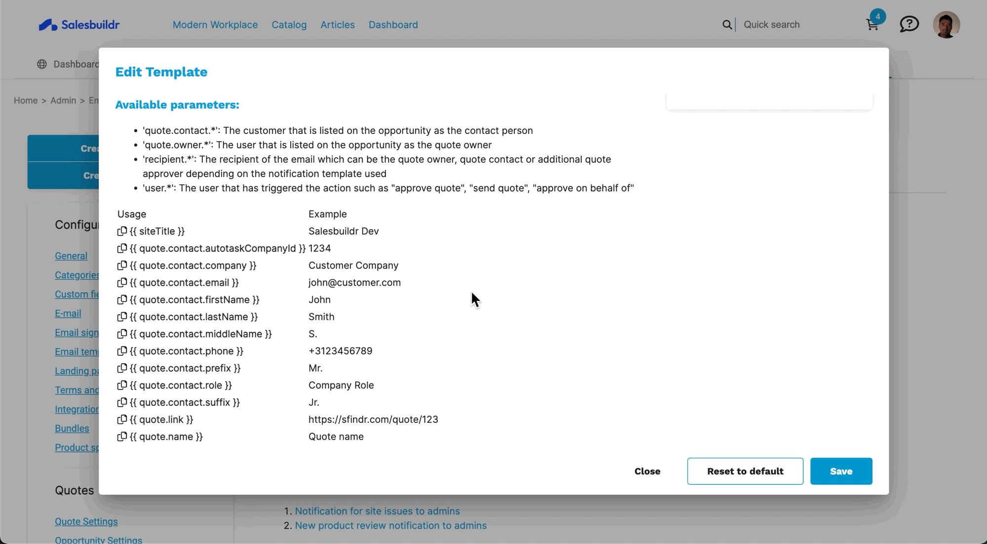 Available template parameters with variable names and example values