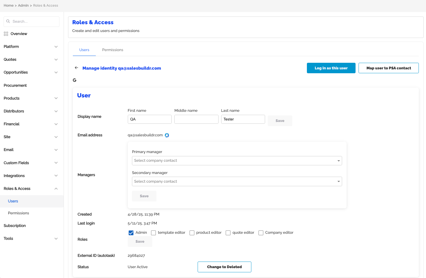 User detail page with display name, email, manager assignments, admin toggle, and role checkboxes