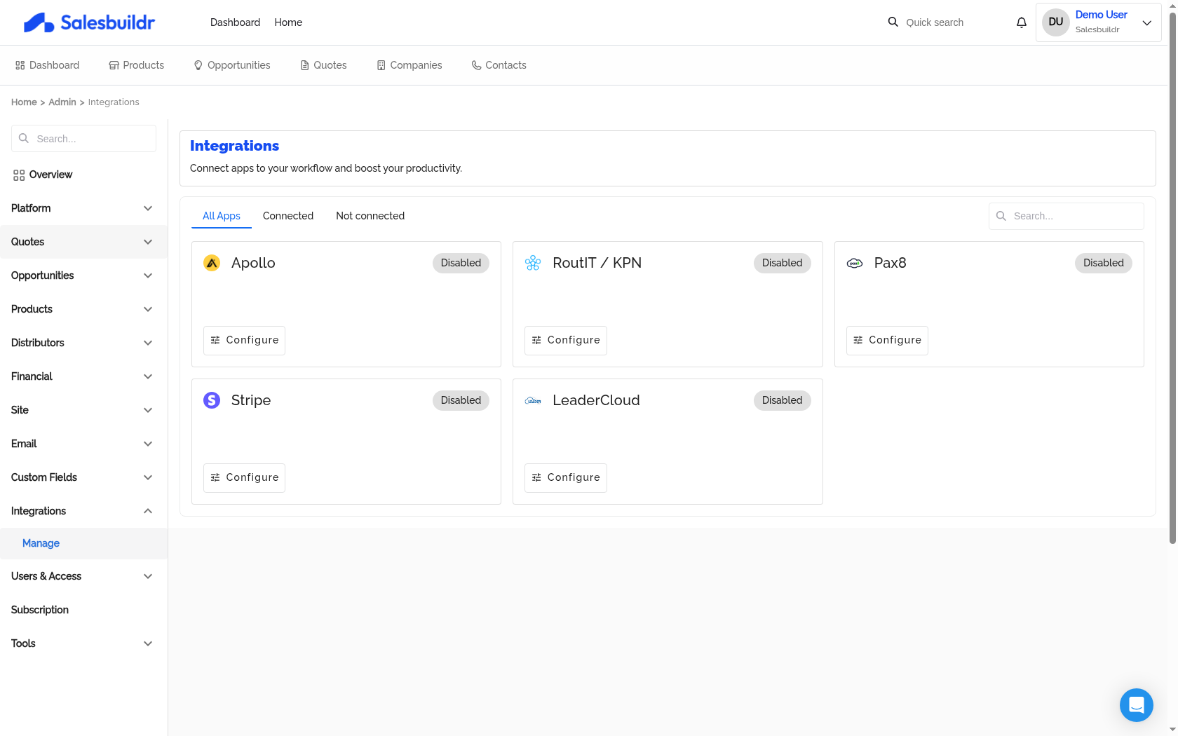 Admin Integrations page showing All Apps tab with Apollo, RoutIT/KPN, Pax8, Stripe, and LeaderCloud integration cards