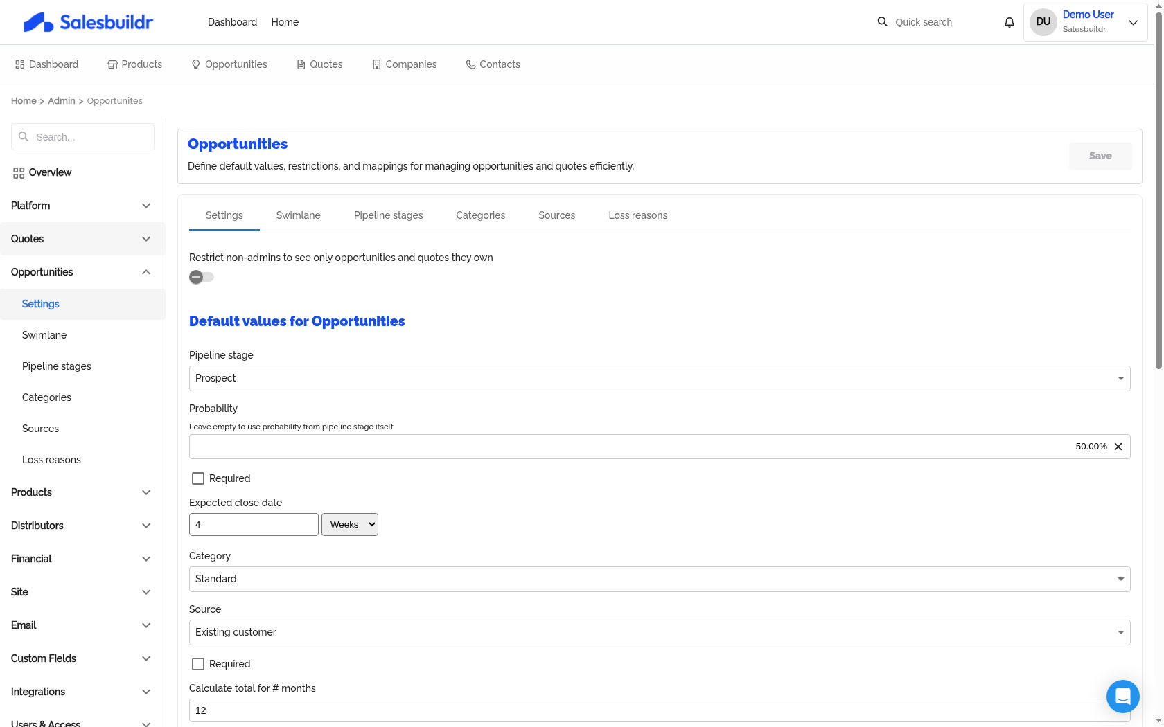 Admin Opportunities Settings tab showing default values and access controls