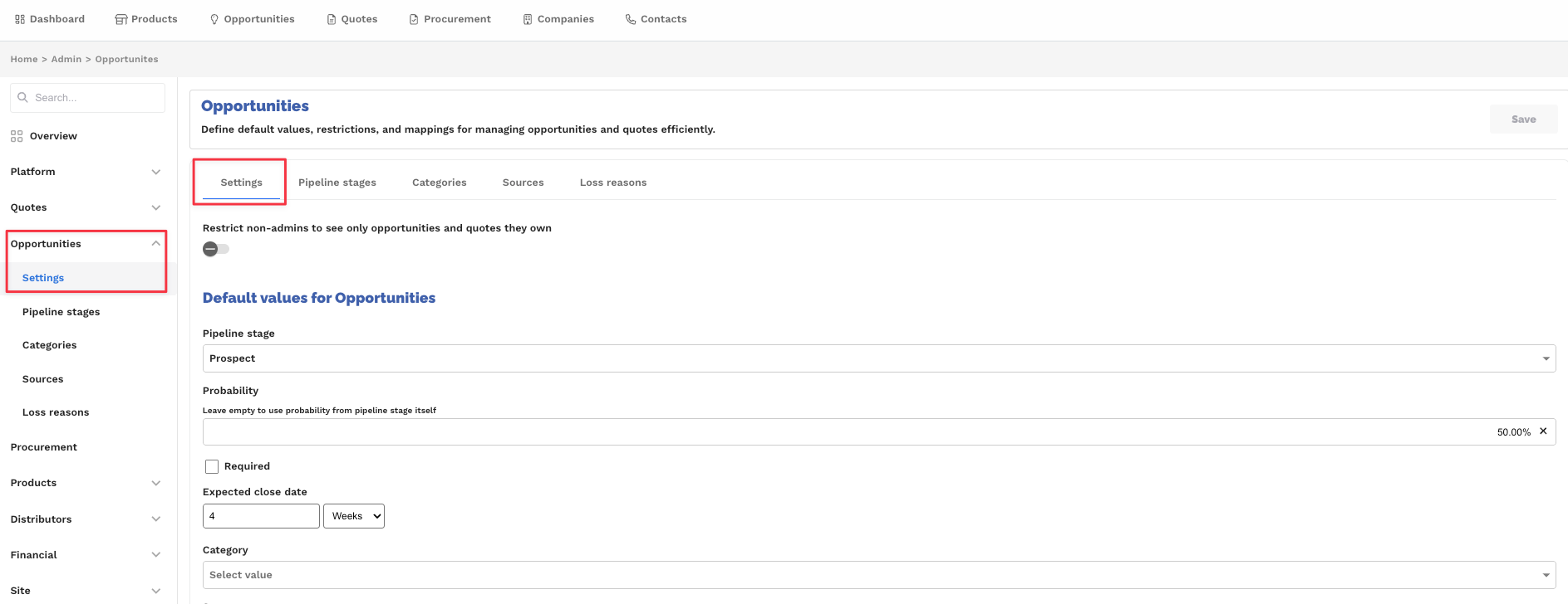 Opportunity settings showing quote-to-opportunity stage mapping and stage after ticket creation