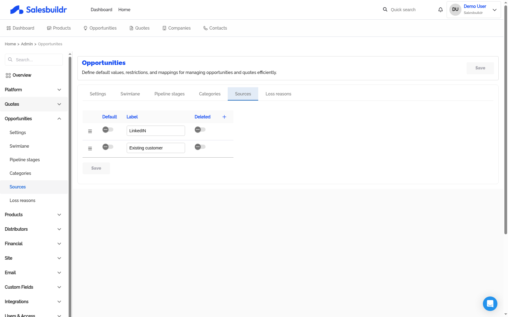 Admin Opportunities Sources tab showing lead source entries