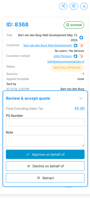 Expanded state β one click opens the full form: Total, PO Number, Note, Approve / Decline