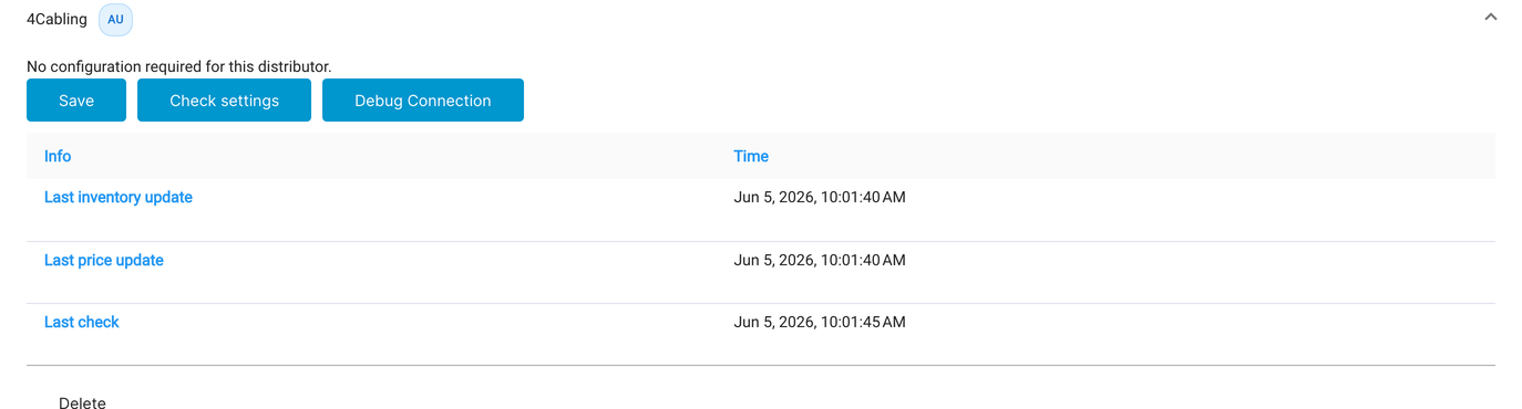 Distributor connection detail showing Last inventory update, Last price update and Last check timestamps